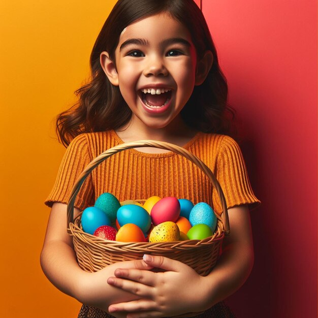 Petit enfant heureux tenant un panier avec des œufs de Pâques colorés sur un fond coloré