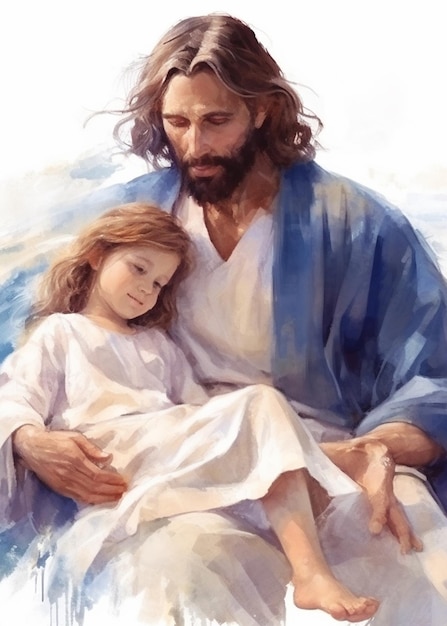 Petit enfant Jésus-Christ tour doux aquarelle yeux cheveux bleu AI généré art