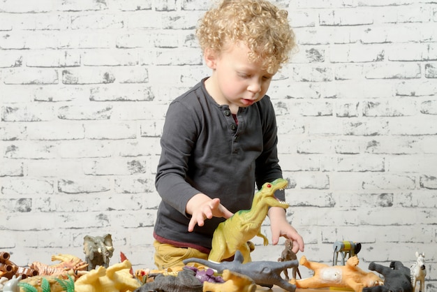 Un petit enfant joue avec des animaux jouets