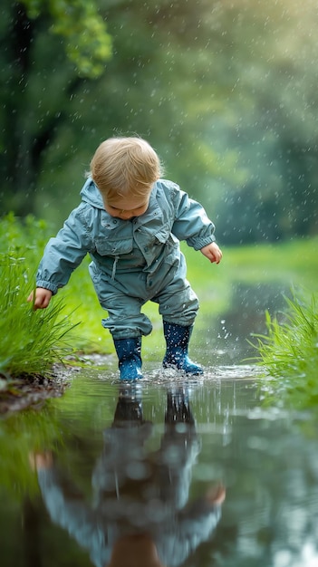 Photo un petit enfant joue dans une flaque d'eau.