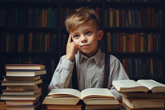 Petit enfant lisant dans une bibliothèque Concept d'éducation et d'apprentissage