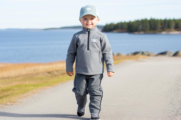 Un petit enfant marche sur une route de terre sur le chemin du retour contre le fond