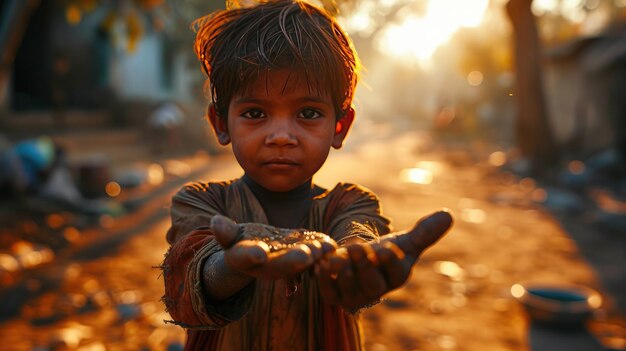 Photo un petit enfant mendiant dans un chiffon sale dans la rue en plein jour ia générative
