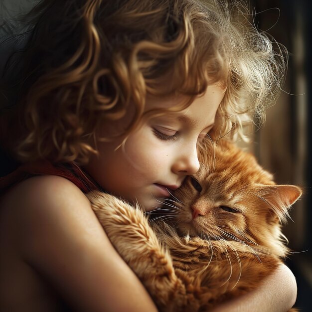 Un petit enfant mignon avec les cheveux nus embrasse doucement un chat rouge et moelleux Ai génératif