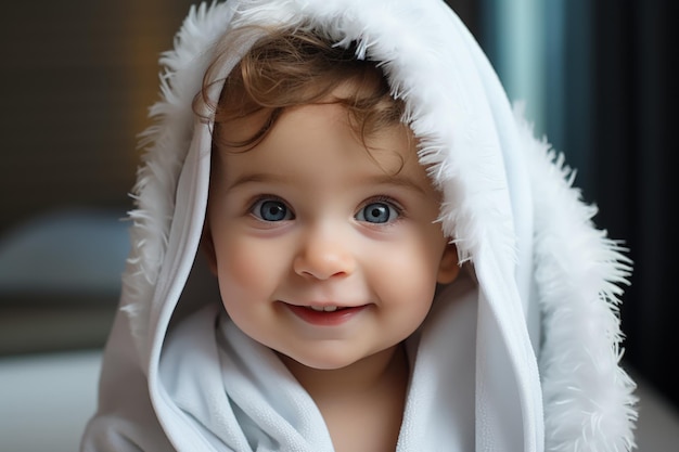 Petit enfant mignon dans une serviette dans la salle de bain