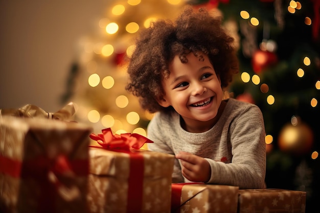 Petit enfant mignon tenant une boîte cadeau avec un ruban rouge recevant des cadeaux lors d'un événement de vacances