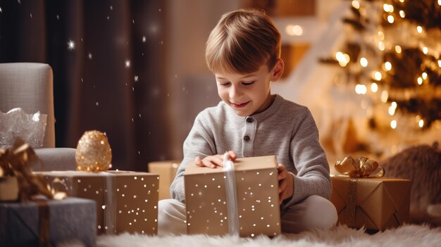 Petit enfant mignon tenant une boîte cadeau avec un ruban rouge recevant des cadeaux lors d'un événement de vacances