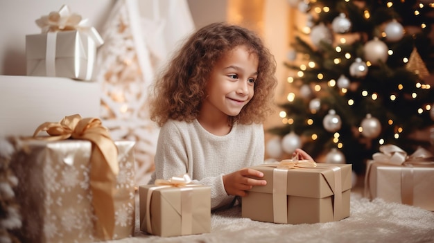 Petit enfant mignon tenant une boîte cadeau avec un ruban rouge recevant des cadeaux lors d'un événement de vacances