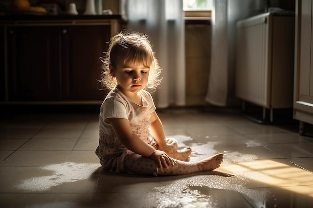 Un petit enfant nettoie le sol à la maison met les choses en ordre