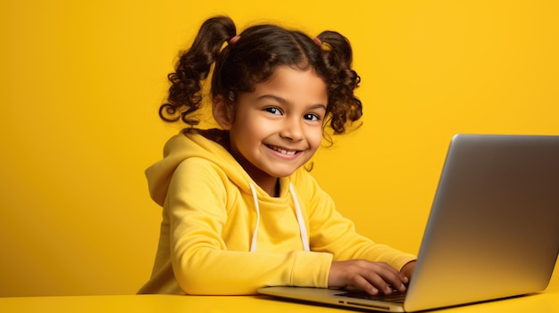 Petit enfant avec un ordinateur portable sur fond jaune