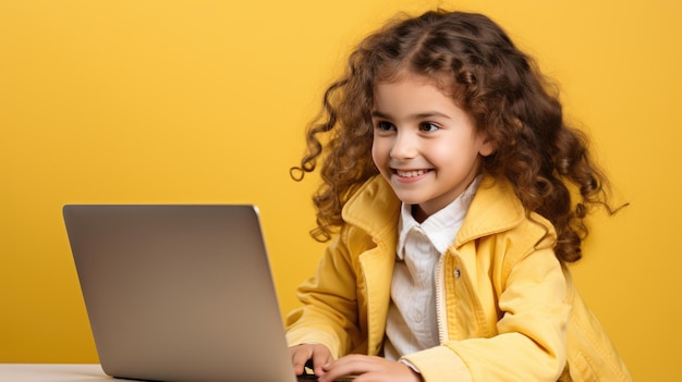 Petit enfant avec un ordinateur portable sur fond jaune