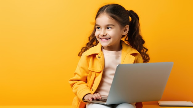 Petit enfant avec un ordinateur portable sur fond jaune