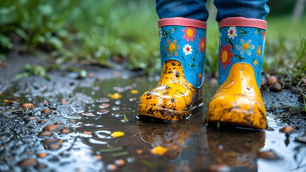 Un petit enfant portant des bottes en caoutchouc colorées sous la pluie