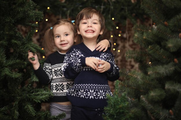 Un petit enfant près de l'arbre du Nouvel An. Les enfants décorent le sapin de Noël. Bébé dans un pull près d'un arbre vert en studio.