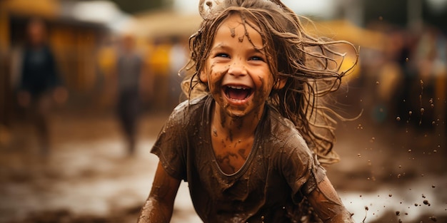 Un petit enfant qui joue dans la boue et s'amuse.