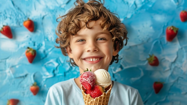 Petit enfant regardant fixement la caméra tout en tenant des cuillères de crème glacée à la vanille et aux fraises dans des cônes de gaufres sur un fond bleu IA générative