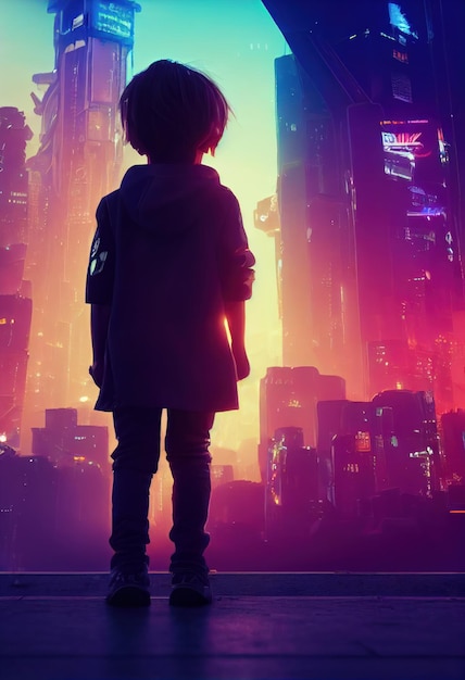 Un petit enfant se tient debout dans la ville la nuit Éclairage au néon futuriste Belle illustration