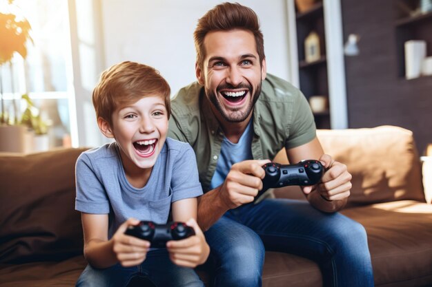 Petit enfant et son père jouant à des jeux vidéo assis sur le canapé dans le salon