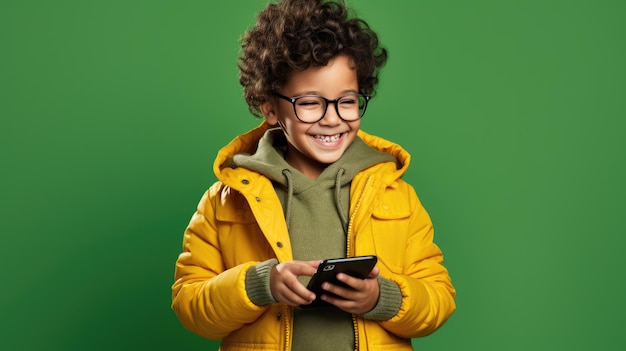 Petit enfant avec un téléphone portable sur fond vert