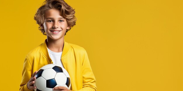 Petit enfant tenant un ballon de football sur fond jaune avec espace de copie