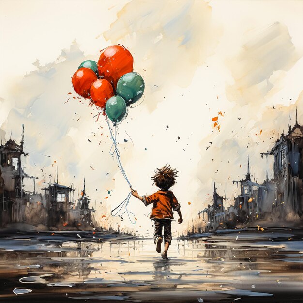 Photo un petit enfant tient beaucoup de ballons d'aquarelle