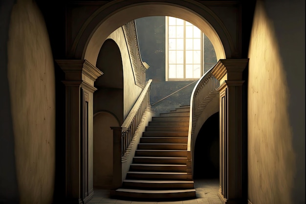 Petit escalier dans la pièce menant à la sortie dans l'architecture classique