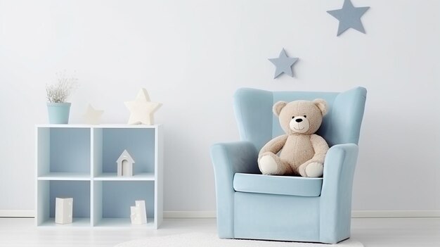 Petit fauteuil bleu clair pour enfant debout dans l'intérieur de la pièce blanche avec des étoiles le mur