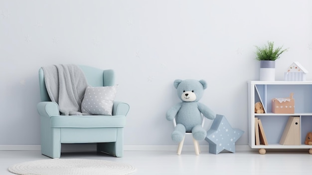 Petit fauteuil bleu clair pour enfant debout dans l'intérieur de la pièce blanche avec des étoiles le mur