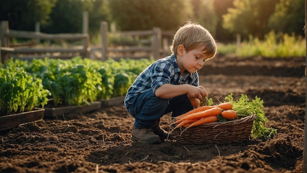 Un petit fermier sur une ferme écologique récolte des carottes par une belle journée ensoleillée.