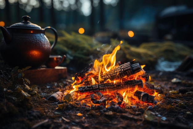 Petit feu de camp avec des flammes douces à côté d'un lac pendant un coucher de soleil éclatant bouillante bouilloire pour le thé ou co