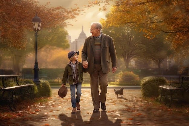 Petit-fils et grand-père marchant main dans la main sur une place en automne Generative AI
