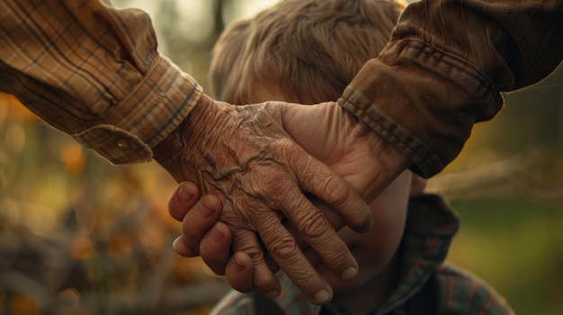 Le petit-fils tient la main du grand-père.