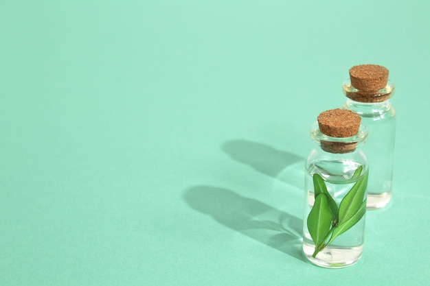 Petit flacon en verre d'huile essentielle d'arôme Sérum pour le visage en bouteille sur table verte Soins de la peau du visage SPA