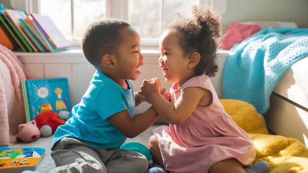 Le petit frère et la petite sœur jouent ensemble dans la chambre.