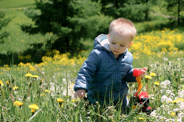 Petit garçon actif marchant dans la prairie de printemps