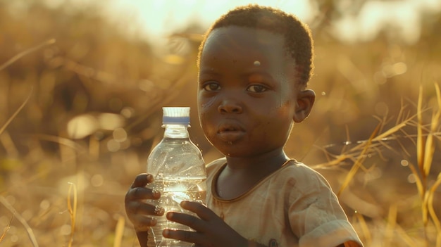 Petit garçon africain avec une bouteille d'eau dans les mains