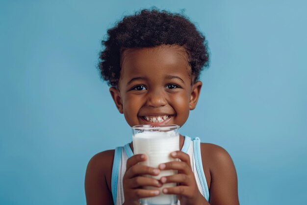 Un petit garçon afro-américain heureux avec un verre de lait isolé sur un fond bleu