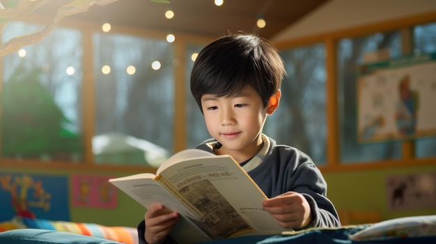 Photo un petit garçon d'âge préscolaire lisant un livre assis à son bureau dans la salle de classe