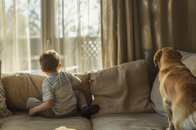 Photo un petit garçon agenouillé en arrière sur le canapé regardant sournoisement le rideau de la famille promener un chien qu'il veut caresser