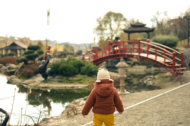 Un petit garçon d'un an dans un parc paysager regarde une petite passerelle rouge Vue arrière