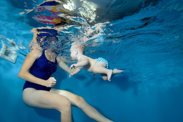 Petit Garçon Apprenant à Nager Dans La Piscine Et Nage à La Mère Sous L'eau