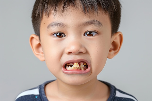 Un petit garçon asiatique avec des dents pourries et un sourire.