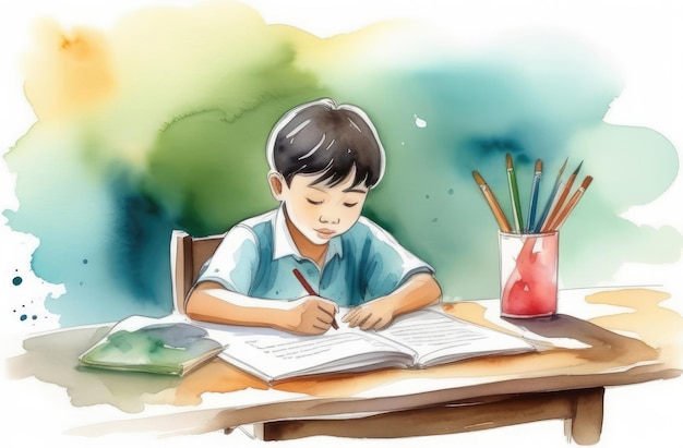 Un petit garçon asiatique faisant ses devoirs à table. Illustration à l'aquarelle. Éducation des enfants.