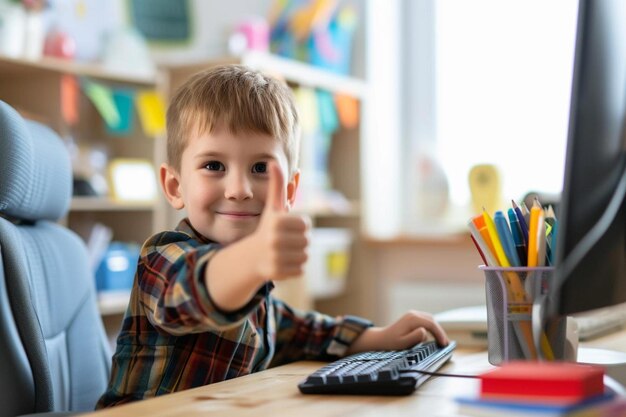 un petit garçon assis à un bureau avec un ordinateur