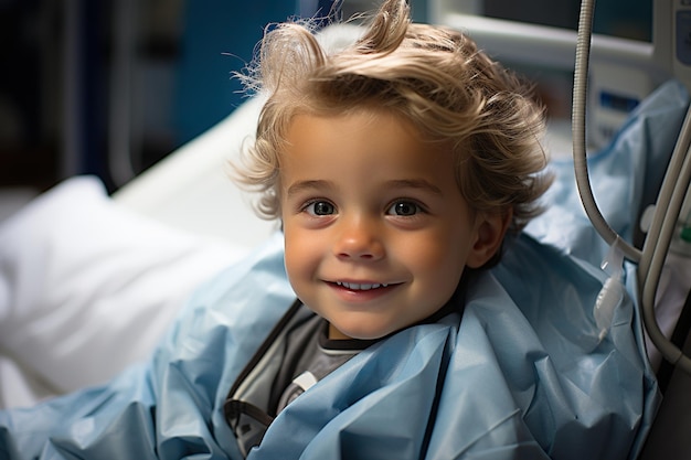 Petit garçon assis dans un lit d'hôpital et souriant