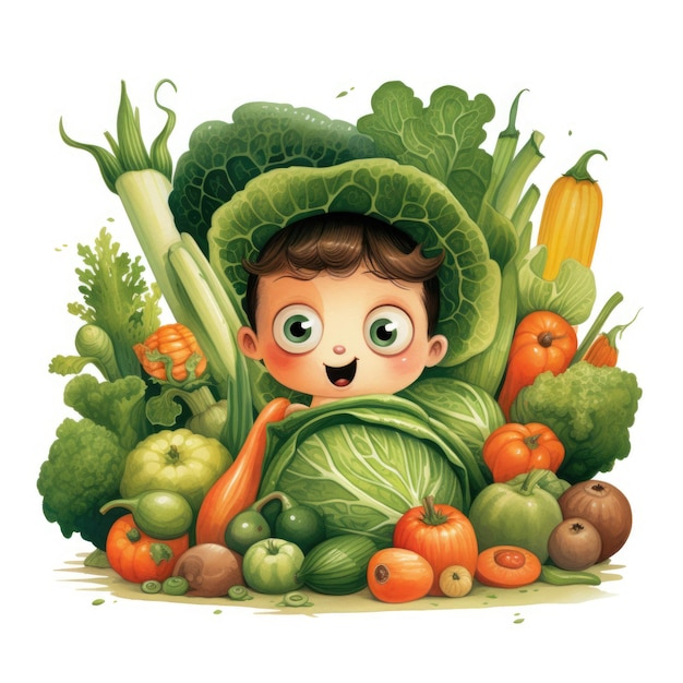 Un petit garçon assis dans un tas de légumes Image numérique