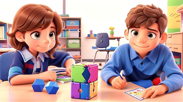 Petit garçon assis avec la fille dans la classe, jouant avec le puzzle de cube