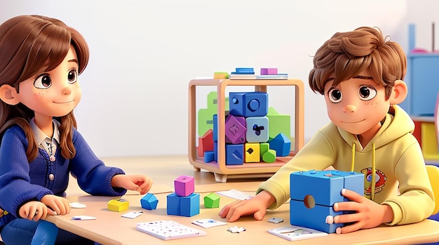 Petit garçon assis avec la fille dans la classe, jouant avec le puzzle de cube