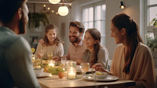 Petit garçon assis à table avec des œufs de Pâques décorés