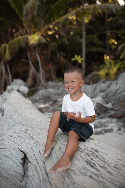 Petit garçon assis sur un tronc d'arbre sur une plage